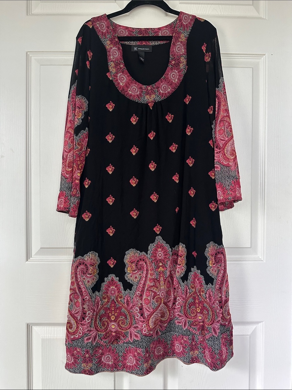 Black Tunic Dress with Pink Paisley Trim EUC